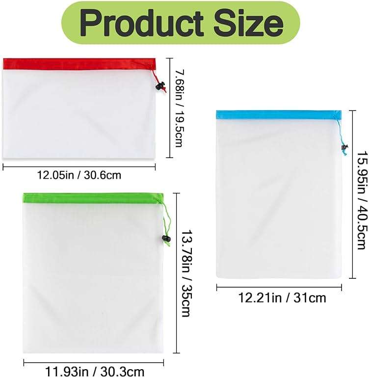 MAQIHAN 12PCS Reusable Produce Bags - Mesh Produce Bags Drawstring Reusable Washable Vegetable Storage Bags Refrigerator Keep Fresh Grocery Food Fruits Veggie Green Net Bag Toy Storage Zero Waste Shop - Image 2