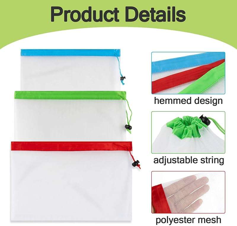 MAQIHAN 12PCS Reusable Produce Bags - Mesh Produce Bags Drawstring Reusable Washable Vegetable Storage Bags Refrigerator Keep Fresh Grocery Food Fruits Veggie Green Net Bag Toy Storage Zero Waste Shop - Image 3
