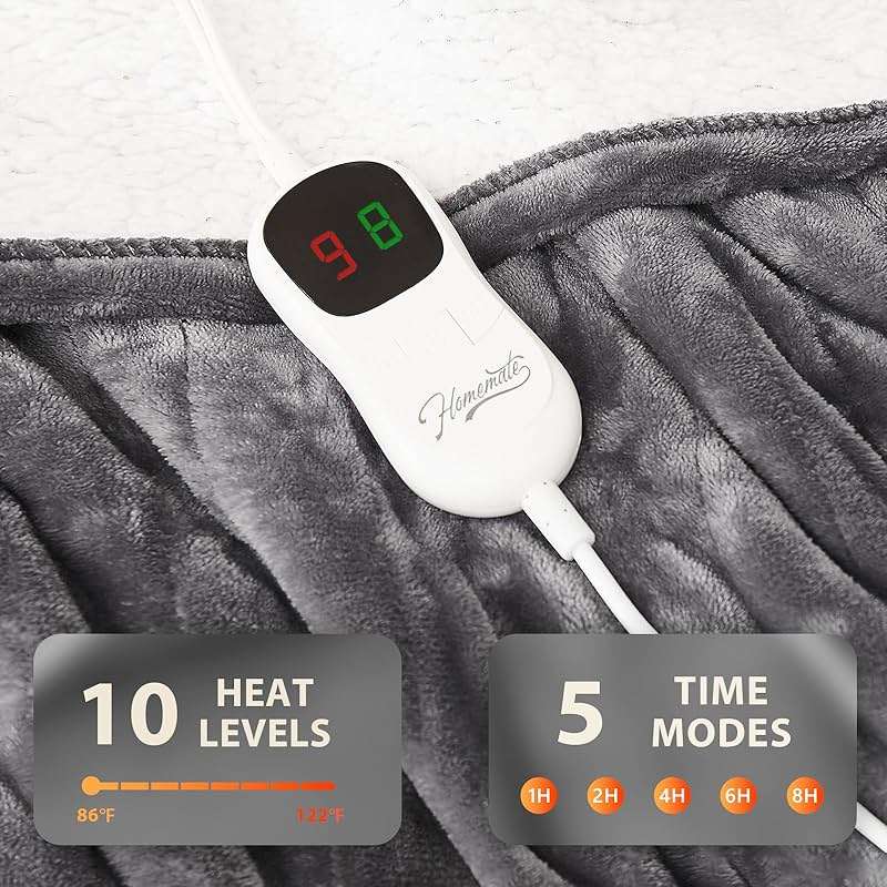 Homemate Electric Heated Blanket Twin - 62"x84" Heating Bed Blankets Throw with 10 Heating Levels 8 Hours Auto Off Fast Heating Over-Heated Protection Ultra Soft Warm Flannel ETL Certified Grey - Image 4