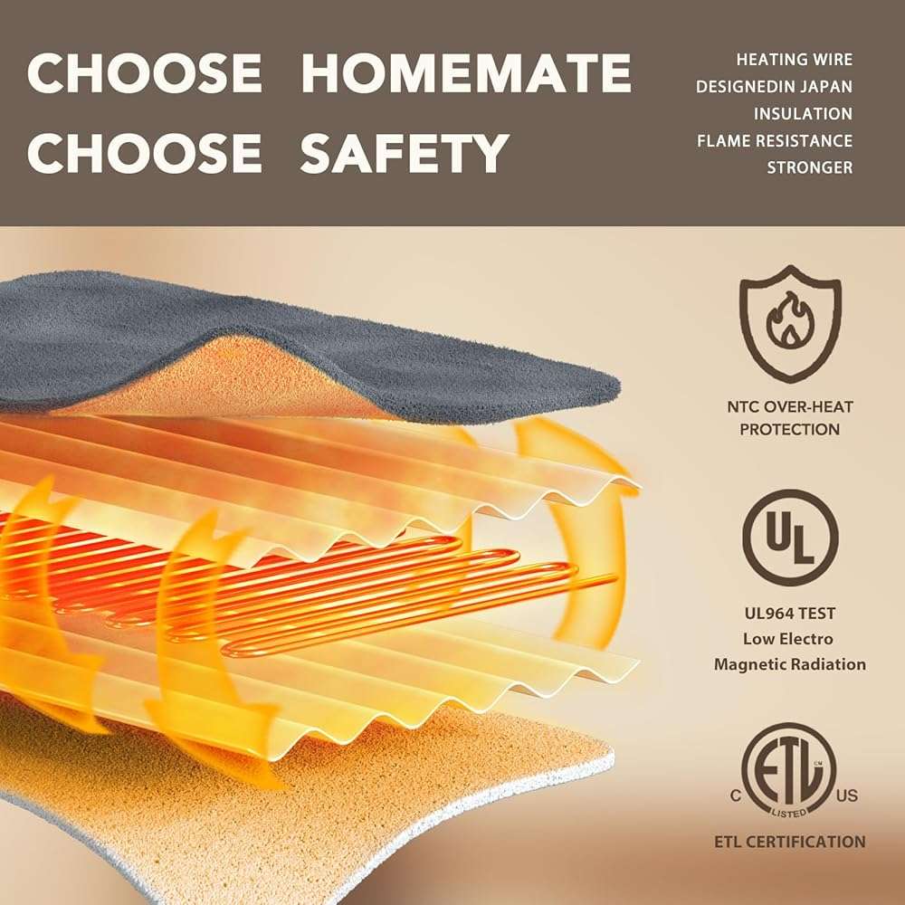 Homemate Electric Heated Blanket Twin - 62"x84" Heating Bed Blankets Throw with 10 Heating Levels 8 Hours Auto Off Fast Heating Over-Heated Protection Ultra Soft Warm Flannel ETL Certified Grey - Image 5