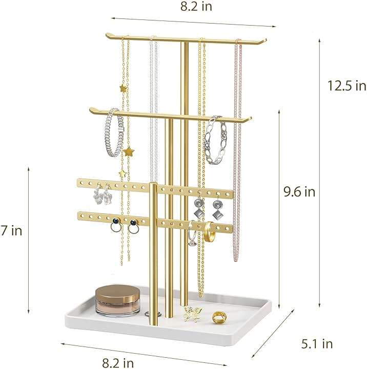 pickpiff 3-Tier Gold Jewelry Stand Holder Organizer: 12.5" Sturdy Hanger for 80 Pcs Jewelry, Jewlery Tower for Display Necklace, Earring, Bracelet, Watch - Image 2