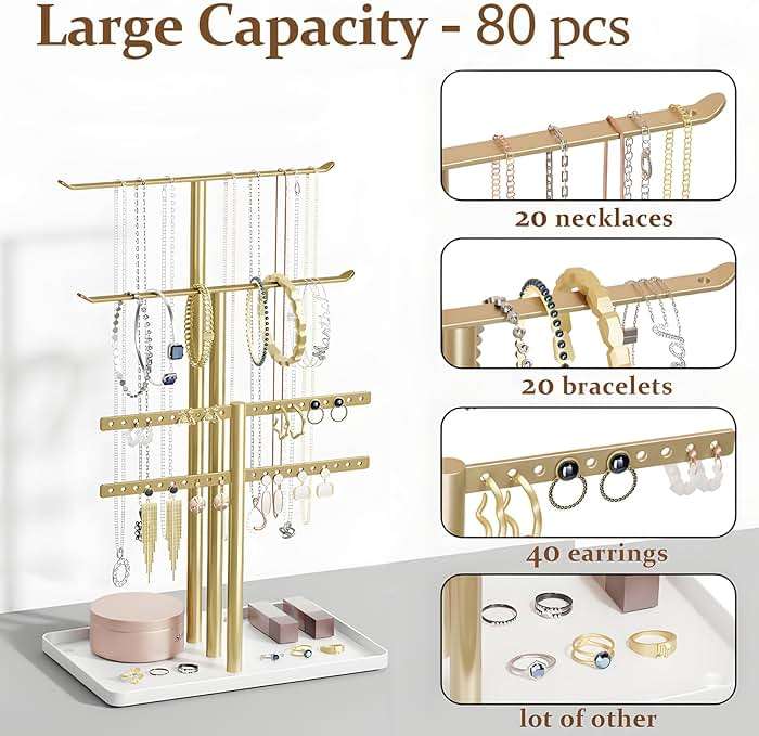 pickpiff 3-Tier Gold Jewelry Stand Holder Organizer: 12.5" Sturdy Hanger for 80 Pcs Jewelry, Jewlery Tower for Display Necklace, Earring, Bracelet, Watch - Image 3