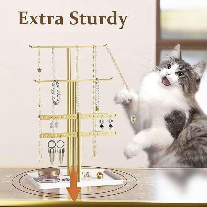 pickpiff 3-Tier Gold Jewelry Stand Holder Organizer: 12.5" Sturdy Hanger for 80 Pcs Jewelry, Jewlery Tower for Display Necklace, Earring, Bracelet, Watch - Image 4