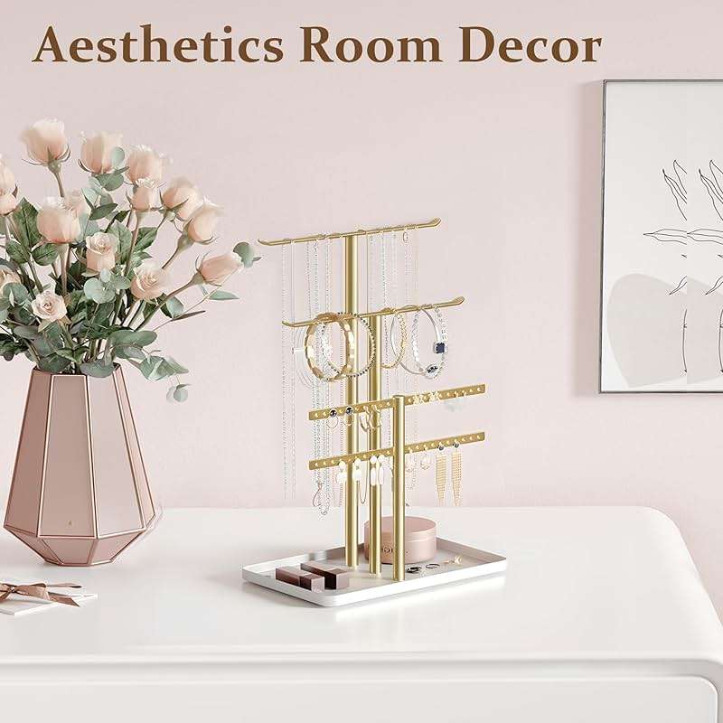 pickpiff 3-Tier Gold Jewelry Stand Holder Organizer: 12.5" Sturdy Hanger for 80 Pcs Jewelry, Jewlery Tower for Display Necklace, Earring, Bracelet, Watch - Image 5