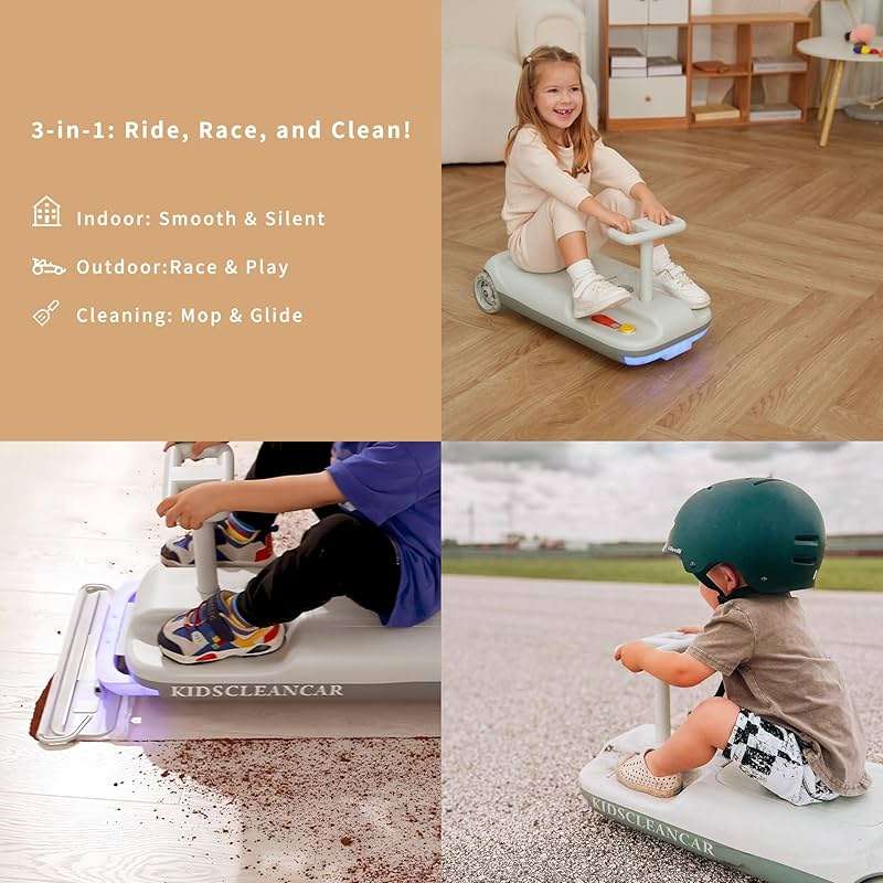 Kids Clean Car Ride-On Go Kart with Detachable Mop, Cleaning Fun 3-in-1 Electric Ride-On Toy for Kids Ages 3+, Parent-Controlled Speed Lock, Soft Start, Rechargeable 12V Battery, Indoor Outdoor, Gray - Image 6