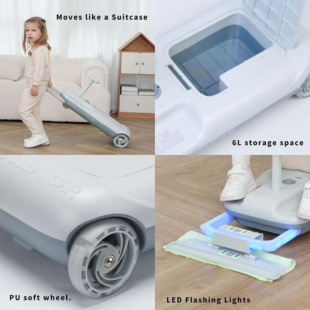 Kids Clean Car Ride-On Go Kart with Detachable Mop, Cleaning Fun 3-in-1 Electric Ride-On Toy for Kids Ages 3+, Parent-Controlled Speed Lock, Soft Start, Rechargeable 12V Battery, Indoor Outdoor, Gray - Image 8
