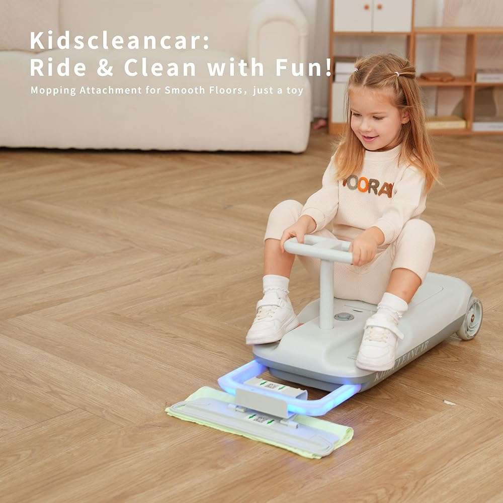Kids Clean Car Ride-On Go Kart with Detachable Mop, Cleaning Fun 3-in-1 Electric Ride-On Toy for Kids Ages 3+, Parent-Controlled Speed Lock, Soft Start, Rechargeable 12V Battery, Indoor Outdoor, Gray - Image 9