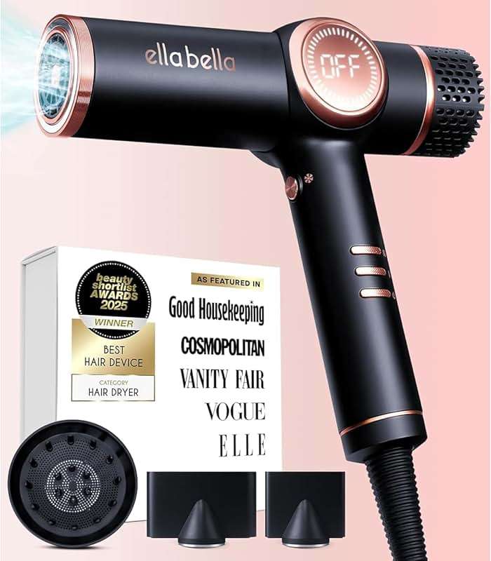 ELLA BELLA® Professional Ionic Hair Dryer with Diffuser • Negative Ion Blow Dryer • Suitable All Hair Types • Intelligent Heat Control & Rapid Drying Speeds • Lightweight Design • Low Noise Technology - Image 1