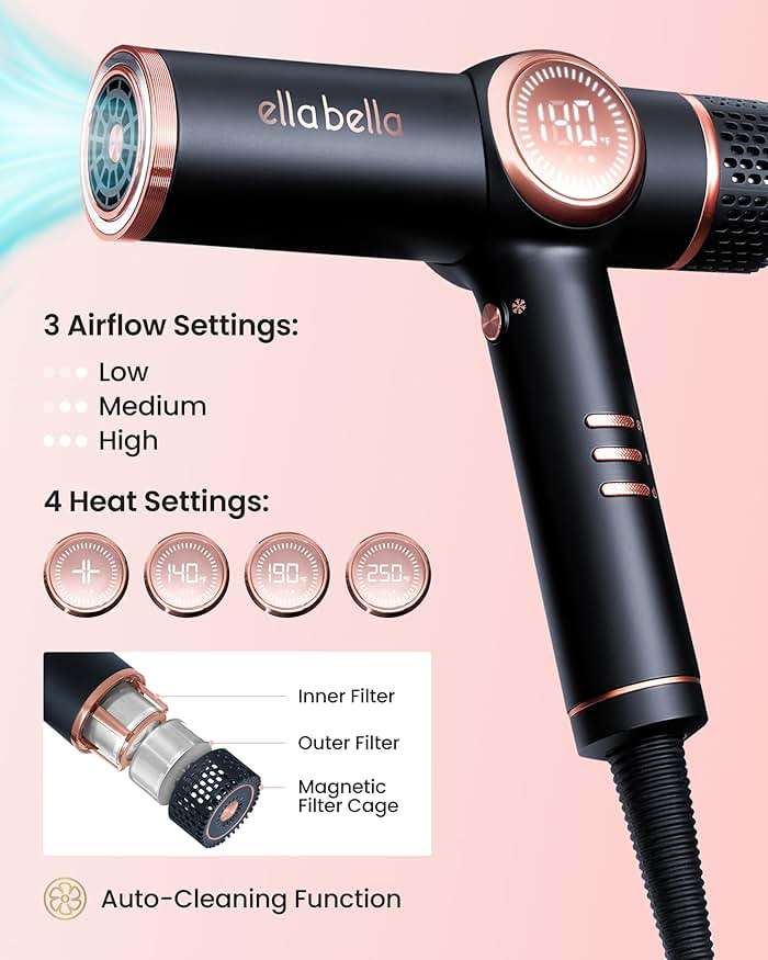ELLA BELLA® Professional Ionic Hair Dryer with Diffuser • Negative Ion Blow Dryer • Suitable All Hair Types • Intelligent Heat Control & Rapid Drying Speeds • Lightweight Design • Low Noise Technology - Image 6