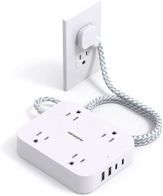 Flat Plug Extension Cord, HANYCONY 5ft Power Strip with 4 USB Ports(2 USB C), 4 Widely Outlets Extender, Wall Mount, Desk Charging Station for Office School Travel Dorm Room Essentials, ETL Listed - Image 1