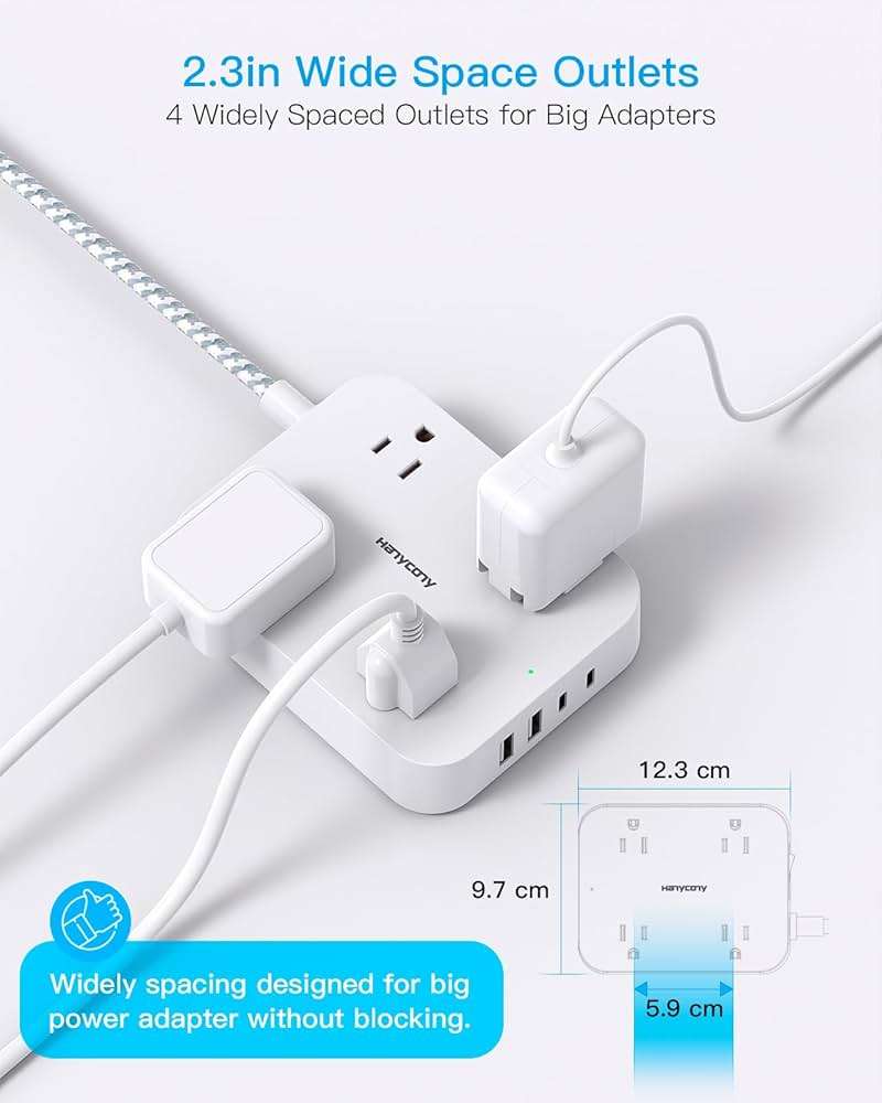 Flat Plug Extension Cord, HANYCONY 5ft Power Strip with 4 USB Ports(2 USB C), 4 Widely Outlets Extender, Wall Mount, Desk Charging Station for Office School Travel Dorm Room Essentials, ETL Listed - Image 2