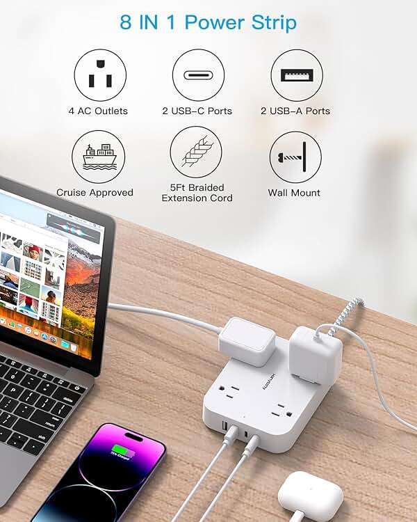 Flat Plug Extension Cord, HANYCONY 5ft Power Strip with 4 USB Ports(2 USB C), 4 Widely Outlets Extender, Wall Mount, Desk Charging Station for Office School Travel Dorm Room Essentials, ETL Listed - Image 6