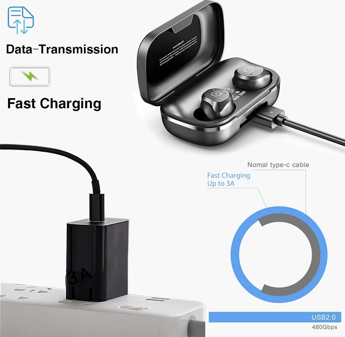 Charger TOZO earphone Cable Compatible for TOZO T10, T12, T12 Pro, T9, T9s, A1, A2, A3, NC9 Pro, NC2, NC7, G1, G1S, W1 W3 W8 PB2, Golden X1 Earbuds & More USB-C Earbuds/Headphones Charging Cord (5FT) - Image 5