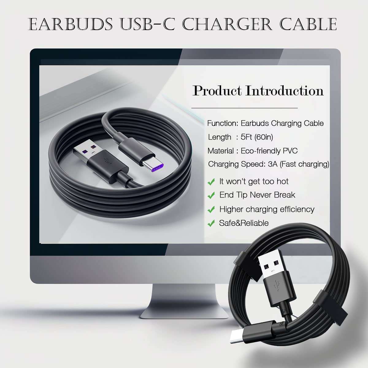 Charger TOZO earphone Cable Compatible for TOZO T10, T12, T12 Pro, T9, T9s, A1, A2, A3, NC9 Pro, NC2, NC7, G1, G1S, W1 W3 W8 PB2, Golden X1 Earbuds & More USB-C Earbuds/Headphones Charging Cord (5FT) - Image 6