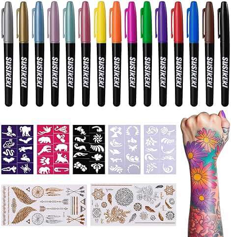 Temporary Tattoo Marker for Skin, 15 Colors Tattoo Pen + 50 Stencils for Painting + 43 Henna Tattoo Sticker, Glitter & Matte & Neon Glow Face Body Paint Markers for Teens and Adult - Image 1