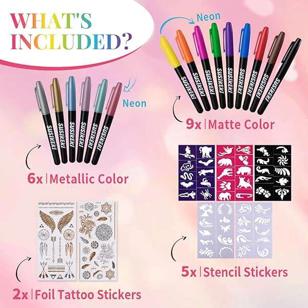 Temporary Tattoo Marker for Skin, 15 Colors Tattoo Pen + 50 Stencils for Painting + 43 Henna Tattoo Sticker, Glitter & Matte & Neon Glow Face Body Paint Markers for Teens and Adult - Image 2