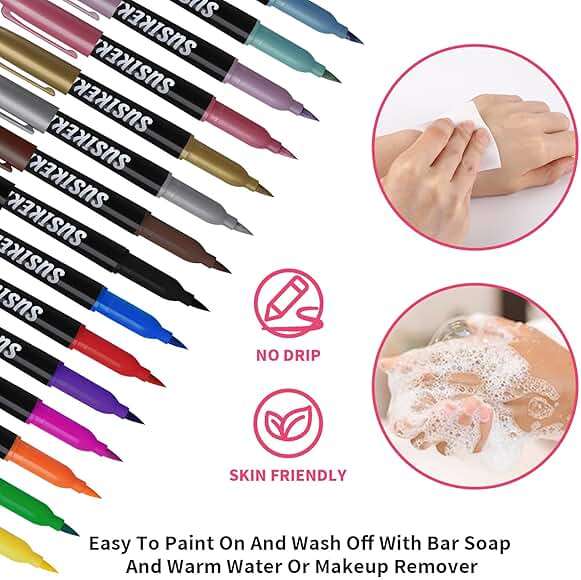 Temporary Tattoo Marker for Skin, 15 Colors Tattoo Pen + 50 Stencils for Painting + 43 Henna Tattoo Sticker, Glitter & Matte & Neon Glow Face Body Paint Markers for Teens and Adult - Image 4