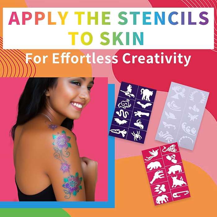 Temporary Tattoo Marker for Skin, 15 Colors Tattoo Pen + 50 Stencils for Painting + 43 Henna Tattoo Sticker, Glitter & Matte & Neon Glow Face Body Paint Markers for Teens and Adult - Image 5