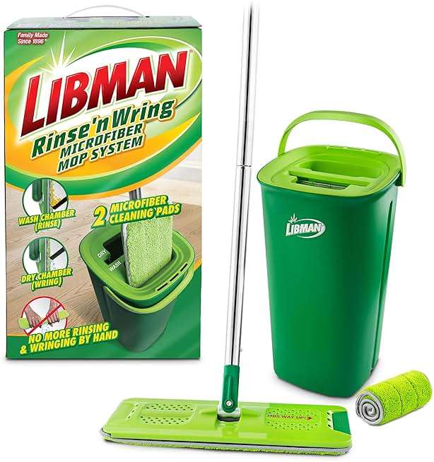 Libman Rinse 'n Wring Mop and Bucket System, Microfiber Dry Wet Mop for Floor Cleaning, Hardwood, Laminate, Tile Cleaner, Dual Chamber Bucket Design, 2 Total Refill Replacement Head Pads - Image 1