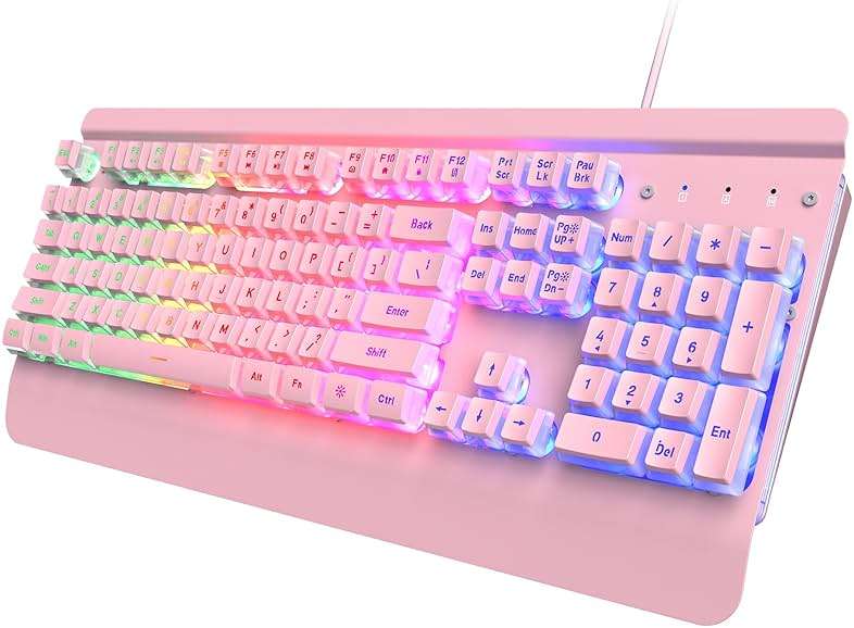 Dacoity Pink Creamy Keyboard, 104 Keys All-Metal Panel, Rainbow LED Backlit Silent Gaming Keyboard, Wrist Rest, PBT Keycap, Anti-ghosting Keys, Light Up USB Wired Computer Keyboard for PC - Image 1