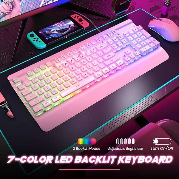 Dacoity Pink Creamy Keyboard, 104 Keys All-Metal Panel, Rainbow LED Backlit Silent Gaming Keyboard, Wrist Rest, PBT Keycap, Anti-ghosting Keys, Light Up USB Wired Computer Keyboard for PC - Image 2