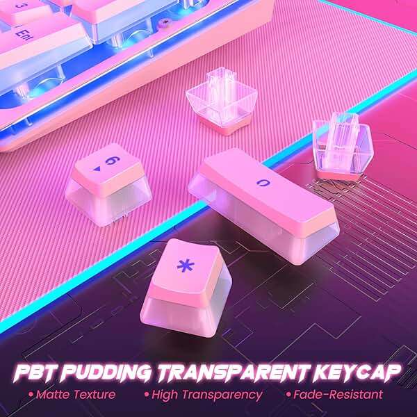 Dacoity Pink Creamy Keyboard, 104 Keys All-Metal Panel, Rainbow LED Backlit Silent Gaming Keyboard, Wrist Rest, PBT Keycap, Anti-ghosting Keys, Light Up USB Wired Computer Keyboard for PC - Image 3