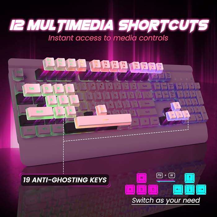 Dacoity Pink Creamy Keyboard, 104 Keys All-Metal Panel, Rainbow LED Backlit Silent Gaming Keyboard, Wrist Rest, PBT Keycap, Anti-ghosting Keys, Light Up USB Wired Computer Keyboard for PC - Image 5