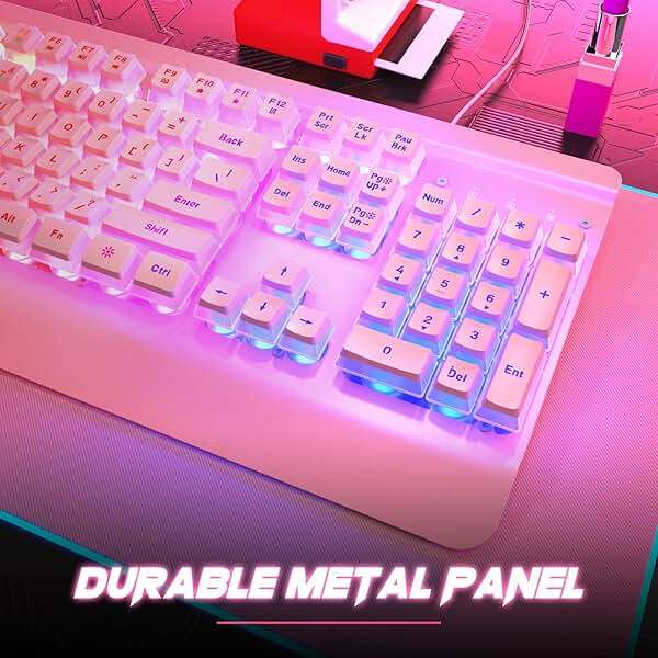 Dacoity Pink Creamy Keyboard, 104 Keys All-Metal Panel, Rainbow LED Backlit Silent Gaming Keyboard, Wrist Rest, PBT Keycap, Anti-ghosting Keys, Light Up USB Wired Computer Keyboard for PC - Image 6