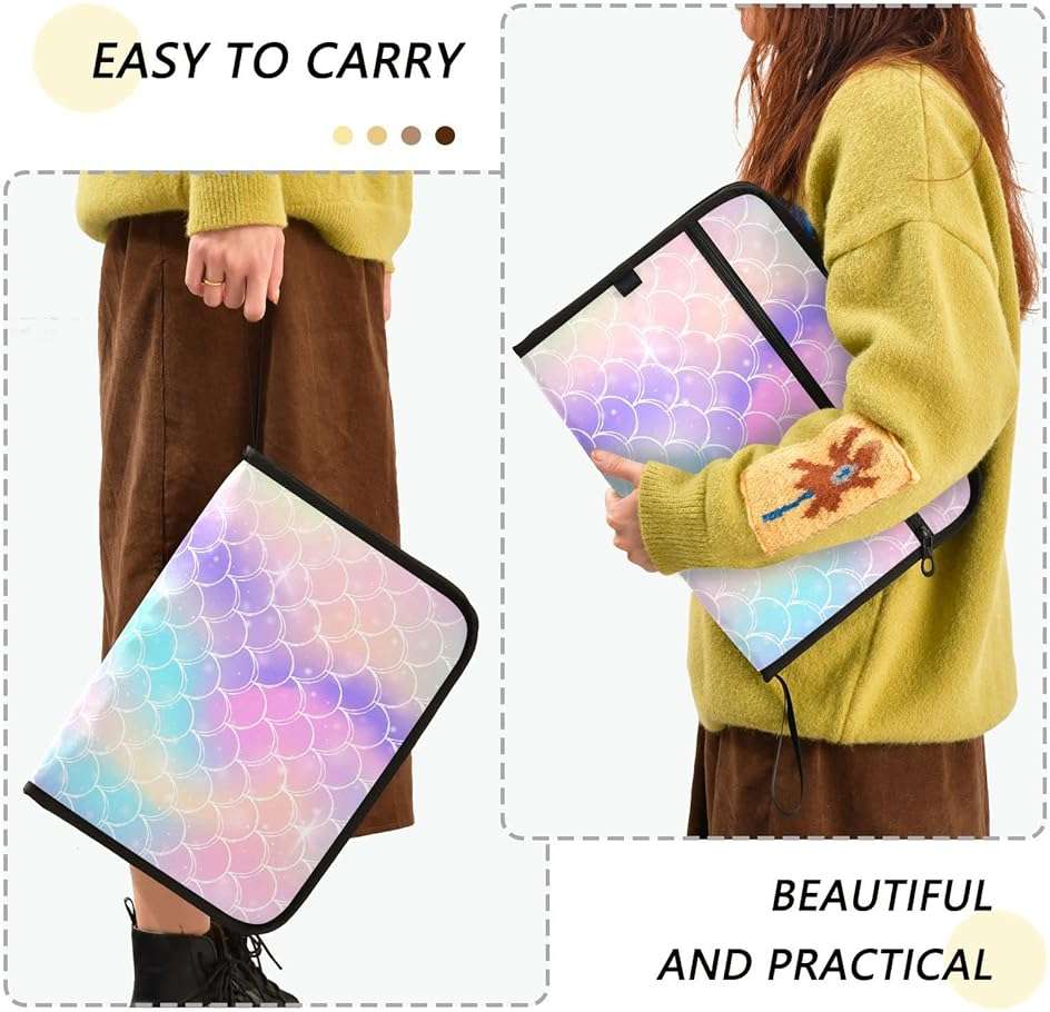 Mermaid Tail Scale Expanding File Folder with Sticky Labels 13 Pocket Pink Princess Accordion File Folder Document Organizer with Zipper Closure Letter A4 Paper Document Folder for Kids School Girls - Image 5