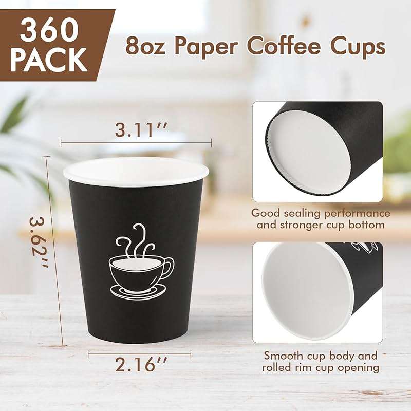 TV TOPVALUE 360 Pack 8 oz Paper Coffee Cups, Disposable Black Paper Cups for Hot Beverage, Drinking Water, Used for Cafes, Offices and Events - Image 3