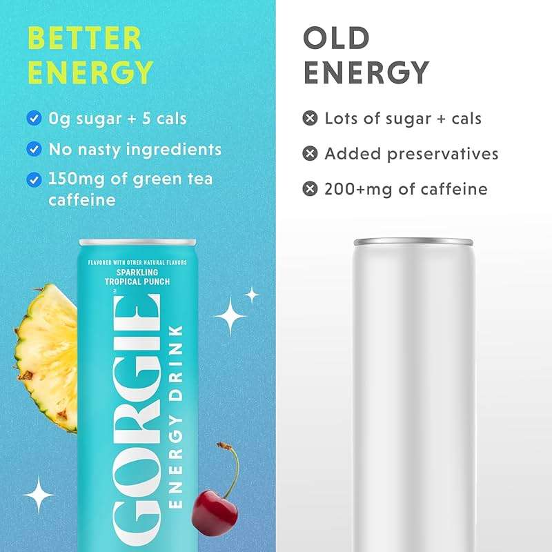 GORGIE Tropical Variety, Sugar-Free Natural Energy Drink Sparkling, Healthy Energy Drinks - Green Tea, Biotin, B Vitamins -150mg Caffeine, Vegan, & Low Calorie (Pack of 12) - Image 7