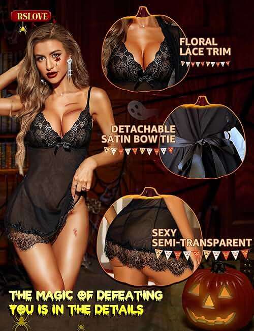 RSLOVE Women Sexy Lingerie Set 3 Piece Babydoll & Lace Kimono Robe Strap Chemise Sleepwear Mesh Nightgown - Image 3