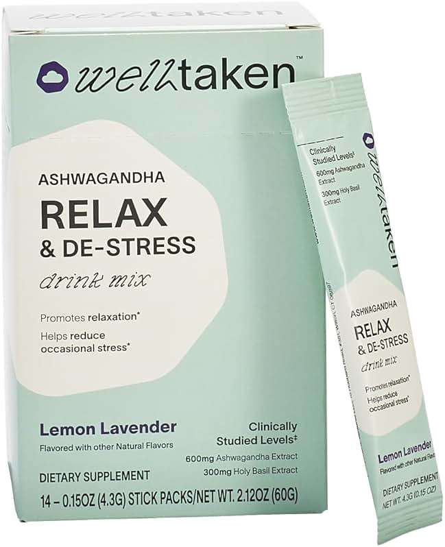 WellTaken Ashwagandha Relax & De-Stress Powder - Lemon Lavender 14ct Box - 600mg Ashwagandha, 200mg L-Theanine, Holy Basil – Supports Stress, Relaxation – Vegan, No Added Sugar - 14 Servings - Image 1