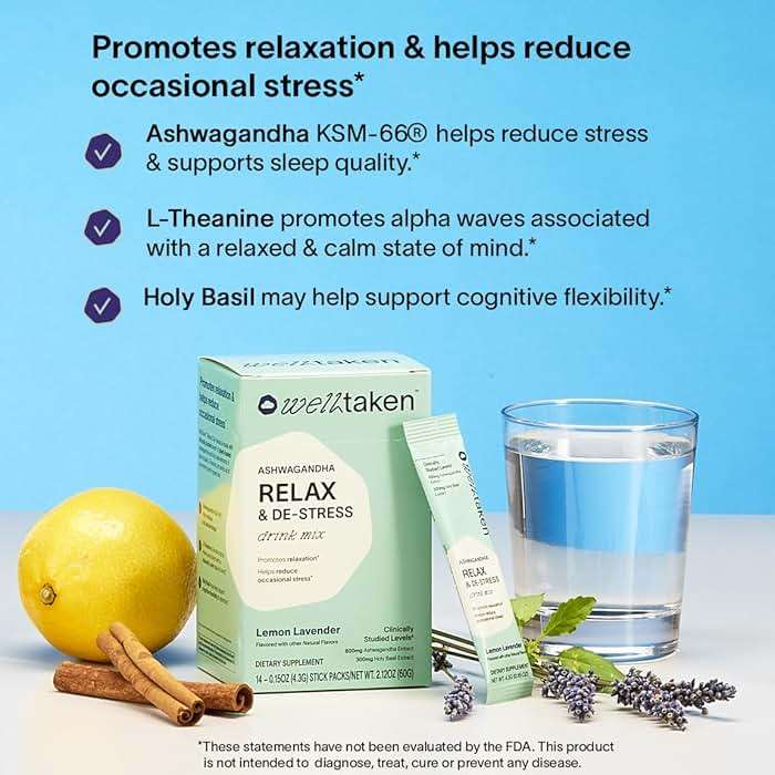 WellTaken Ashwagandha Relax & De-Stress Powder - Lemon Lavender 14ct Box - 600mg Ashwagandha, 200mg L-Theanine, Holy Basil – Supports Stress, Relaxation – Vegan, No Added Sugar - 14 Servings - Image 2