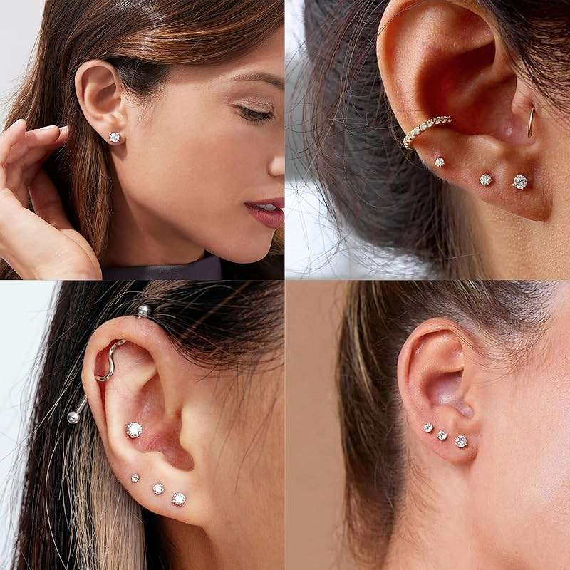 Threadless Flat Back Stud Earrings, 6 Pairs Titanium Hypoallergenic Earrings for Women Men, Cubic Zirconia Silver Gold Stud Earrings Surgical Stainless Steel Stud Earring Set for Cartilage 2-8mm - Image 6