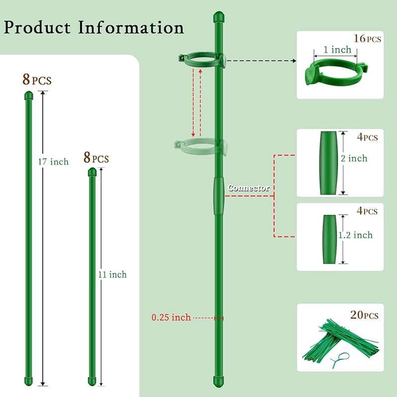 Plant Stakes 17inch &11inch SupKing Adjustable Length Plant Support Stake 16Pcs Orchid Stick with Clips for Indoor Outdoor,Garden Pole for Potted Tomato Amaryllis Vegetables Comes with 20 Ties (Green) - Image 2