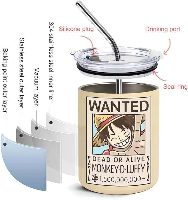 BayJew 12 oz Vacuum Insulated Tumblers with Lid and Straw, Double-Walled Stainless Steel Coffee Mug for Office Home,Cute One Piece Manga Anime Gifts - Image 4