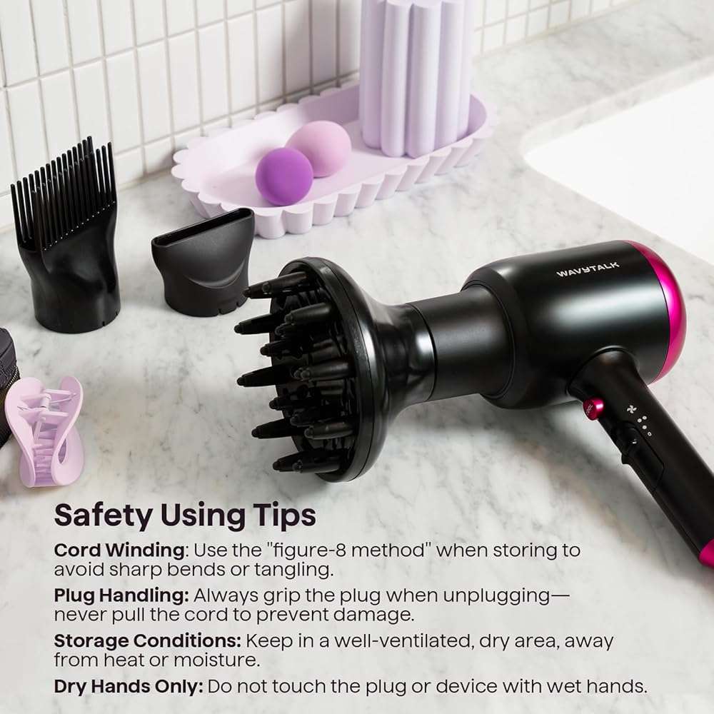 Wavytalk Hair Dryer with Diffuser, Blown Away Ionic Hair Dryer for Curly Hair with Comb, 1875W Fast Drying Blow Dryer with Ceramic Technology, 3 Attachments for All Hair Types, Light and Quiet, Black - Image 8