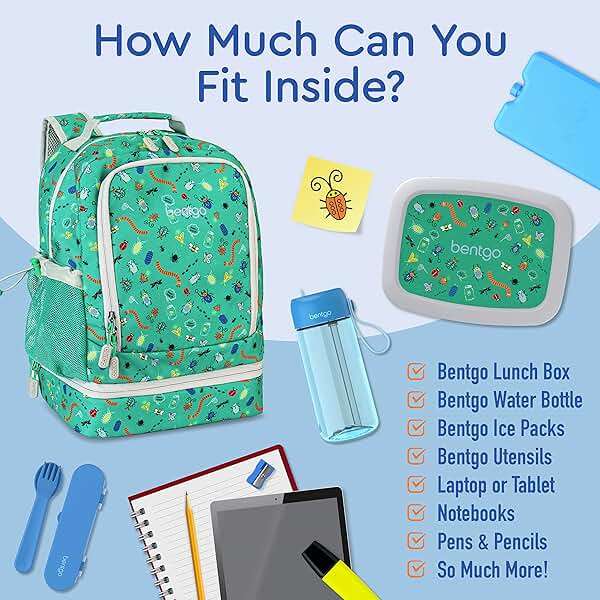 Bentgo Kids 2-in-1 Backpack & Insulated Lunch Bag - Durable 16” Backpack & Lunch Container in Unique Prints for School & Travel - Water Resistant, Padded & Large Compartments (Bug Buddies) - Image 4