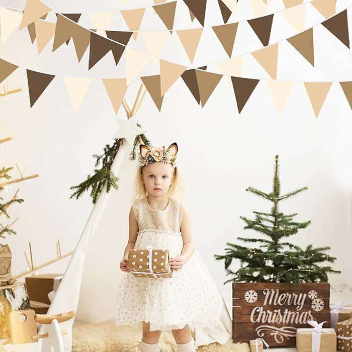 32Ft Brown Party Decorations Brown Pennant Banner Fabric Triangle Flag Bunting Garland Streamers for Woodland Teddy Bear Baby Shower Jungle Safari Birthday Home Outdoor Garden Decor - Image 2