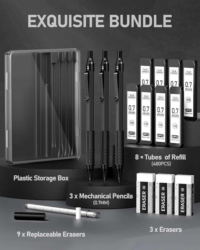 Four Candies Mechanical Graphite Pencil Set, 3pcs Black Metal Pencils with Anti-Skid Grip, Ideal for Artists, Professionals, Teachers and Students - Image 4