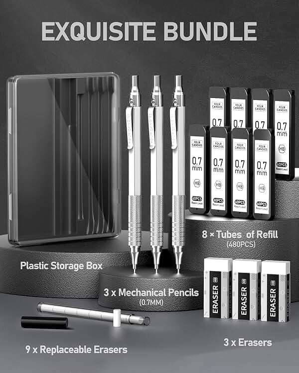 Four Candies 0.7mm Mechanical Pencil Set with Case, 3PCS Metal Artist Lead Pencil with 8 Tubes (480PCS) HB Lead Refills, 3 Erasers, 9 Eraser Refills For Engineer Art Writing Drawing Drafting, Silver - Image 4