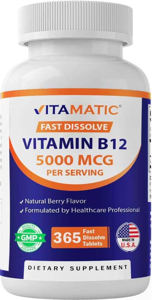 Vitamatic Vitamin B12 5000 mcg – 365 Fast Dissolve Tablets Berry Flavor – Supports Energy Production & Nervous System Health – Non-GMO, Gluten-Free - Image 1