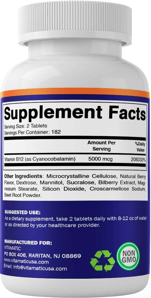 Vitamatic Vitamin B12 5000 mcg – 365 Fast Dissolve Tablets Berry Flavor – Supports Energy Production & Nervous System Health – Non-GMO, Gluten-Free - Image 8