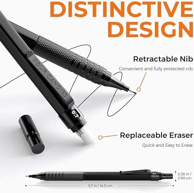 Four Candies 4PCS 0.5mm & 0.7 mm Metal Mechanical Pencils Set, 480PCS Lead Refills, 12 Erasers, Cool Lead Pencil with Case for School Writing, Sketching, Technical Work, Art Projects, Black & Silver - Image 3