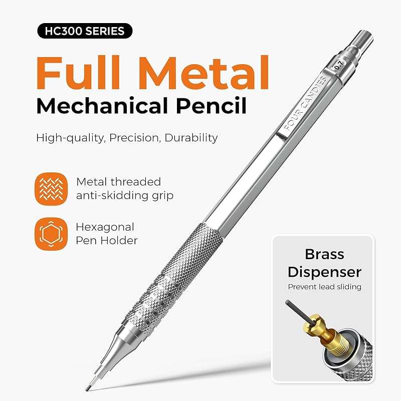 Four Candies 4PCS 0.5mm & 0.7 mm Metal Mechanical Pencils Set, 480PCS Lead Refills, 12 Erasers, Cool Lead Pencil with Case for School Writing, Sketching, Technical Work, Art Projects, Black & Silver - Image 4