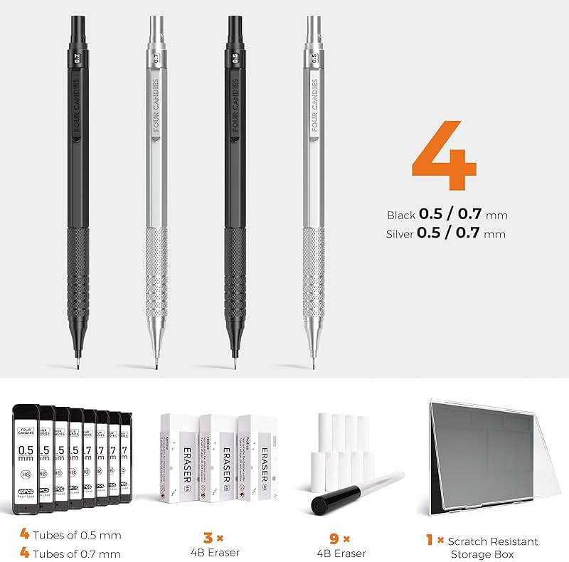 Four Candies 4PCS 0.5mm & 0.7 mm Metal Mechanical Pencils Set, 480PCS Lead Refills, 12 Erasers, Cool Lead Pencil with Case for School Writing, Sketching, Technical Work, Art Projects, Black & Silver - Image 7