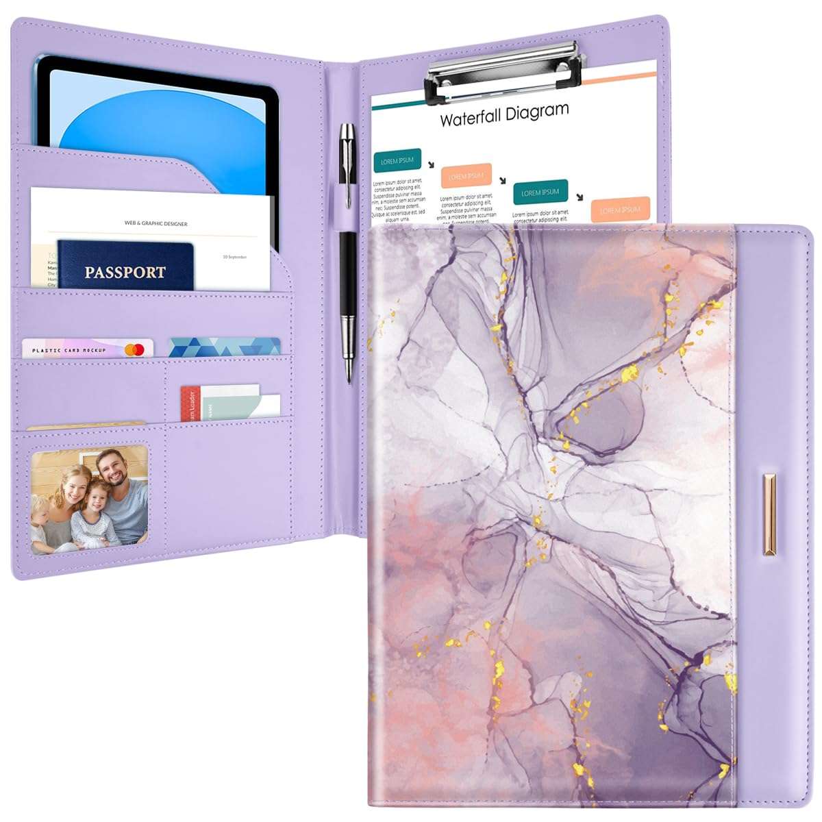 Padfolio/Resume Portfolio Folder for Women Men, WAVEYU Cute Chic Padfolio Cover Folder, Conference/Legal Document Organizer with Letter/A4 Size Clipboard, Document Sleeve, Purple Marble - Image 1