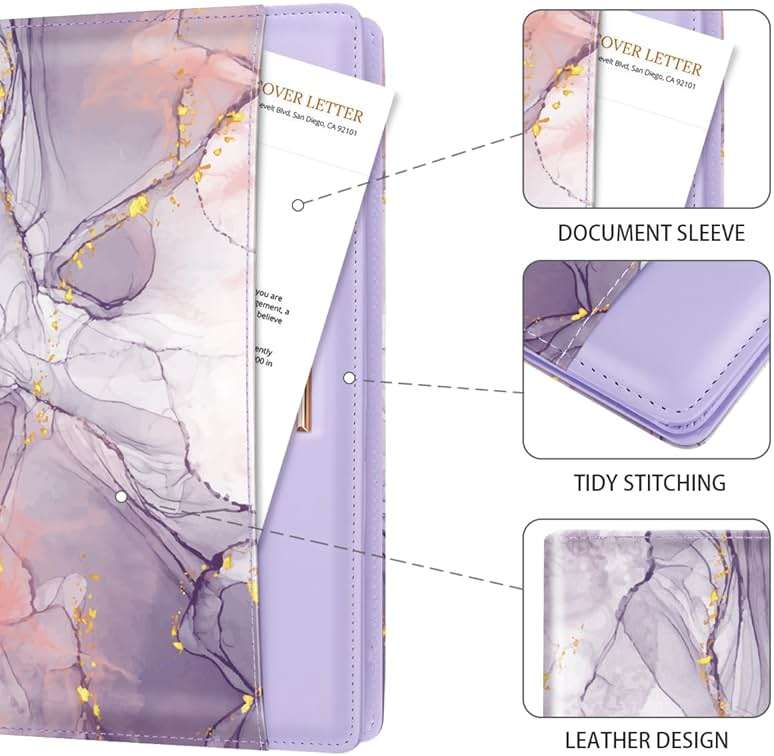 Padfolio/Resume Portfolio Folder for Women Men, WAVEYU Cute Chic Padfolio Cover Folder, Conference/Legal Document Organizer with Letter/A4 Size Clipboard, Document Sleeve, Purple Marble - Image 6