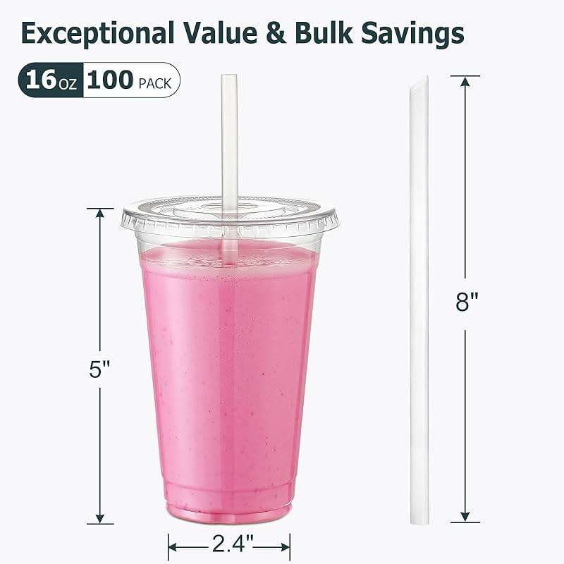 AOZITA [100 Sets] 16 oz Clear Plastic Cups With Lids and Straws, Disposable Cups With Lids for Iced Coffee, Smoothie, Milkshake and Cold Drinks (New-16-100) - Image 3